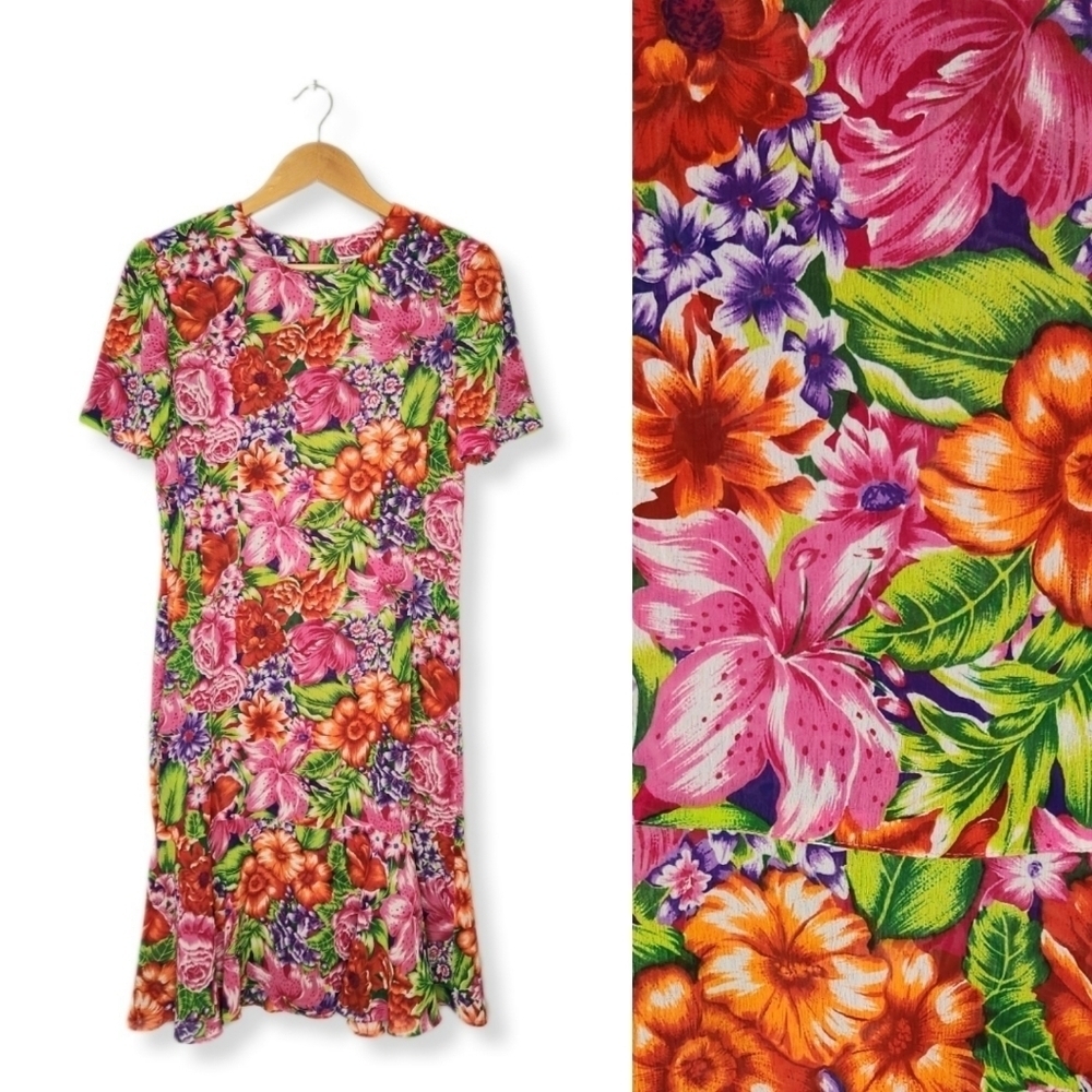 Vintage 80s Hawaiian Floral Semi-sheer Midi Shift Dress Size 10